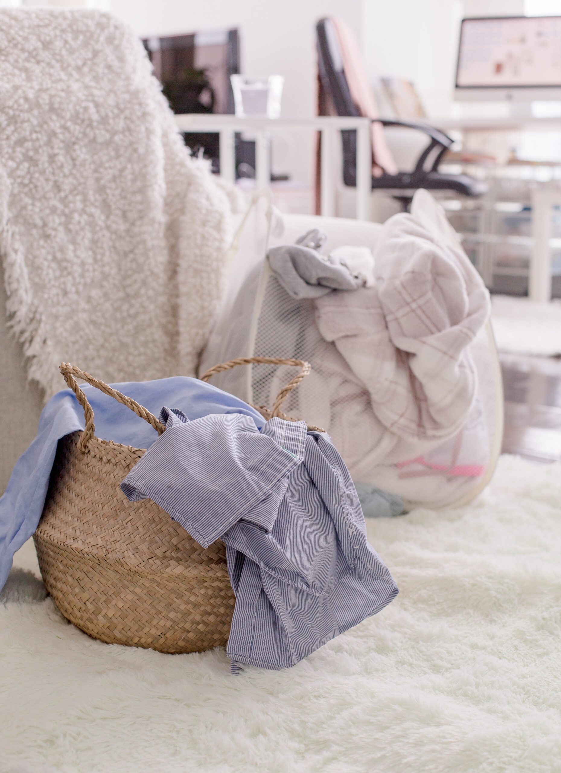 be neat by placing clothes in baskets